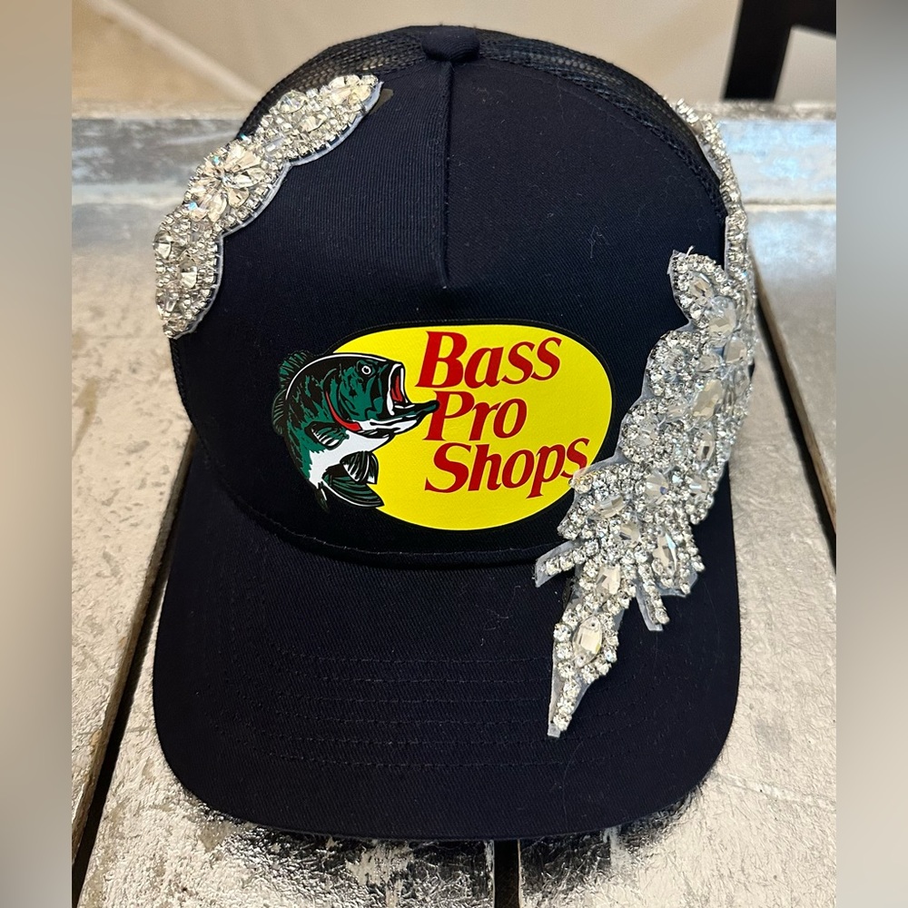 Custom Swarovski Bling Bass Pro Shop SnapBack Trucker cap/hat! Black